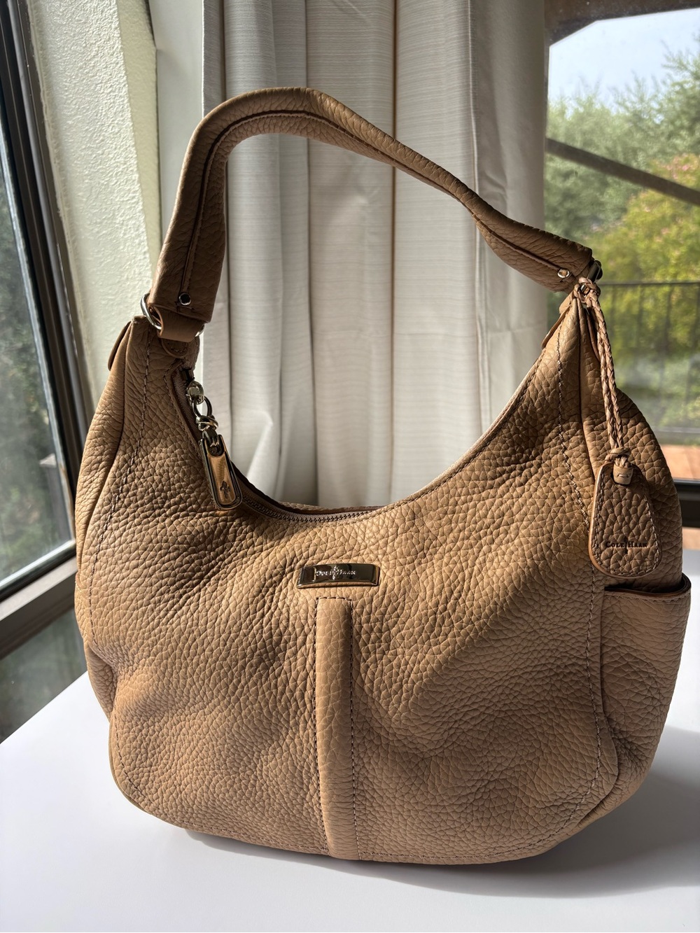 Y2K Cole Haan Village Hobo Bag Camel Tan Pebbled Leather Purse Boho Quiet Luxury
